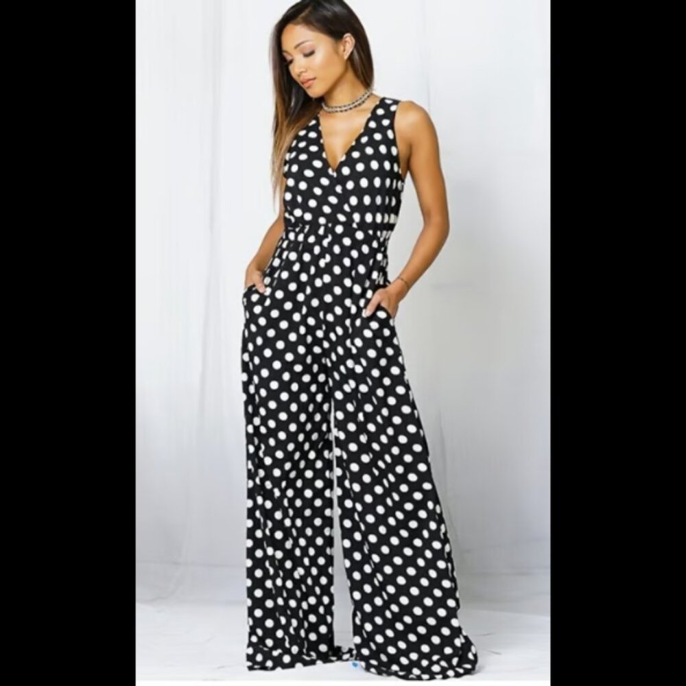Cookie MSRP $92 Black White Polka Dot Wide Leg Sleeveless Jumpsuit Pockets Small